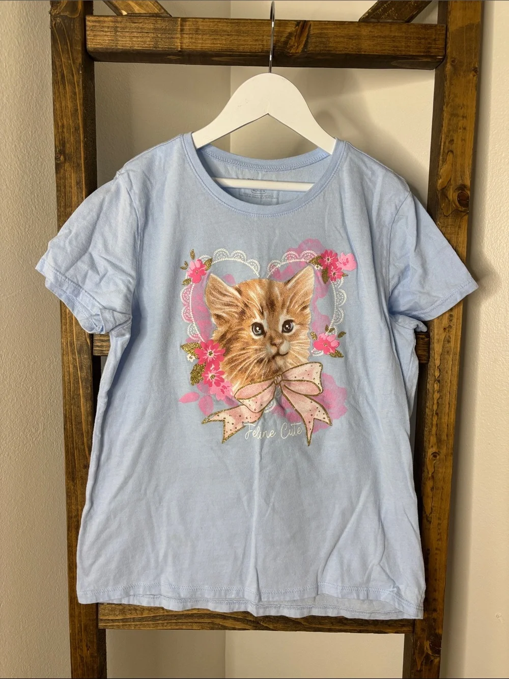 The Children's Place Light Blue Kitten Graphic Tee with Pink Floral Accents